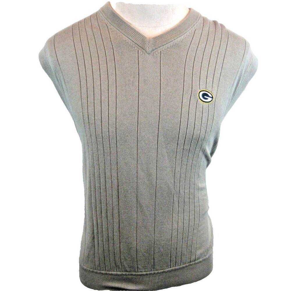 Mens Greg Norman Gray V-Neck Cotton Sleeveless Vest Sweater GB Packers Logo sz M
